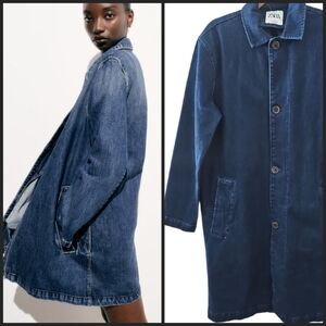 NEW! ZARA Mid-Length Trench Denim Jean Jacket Small.